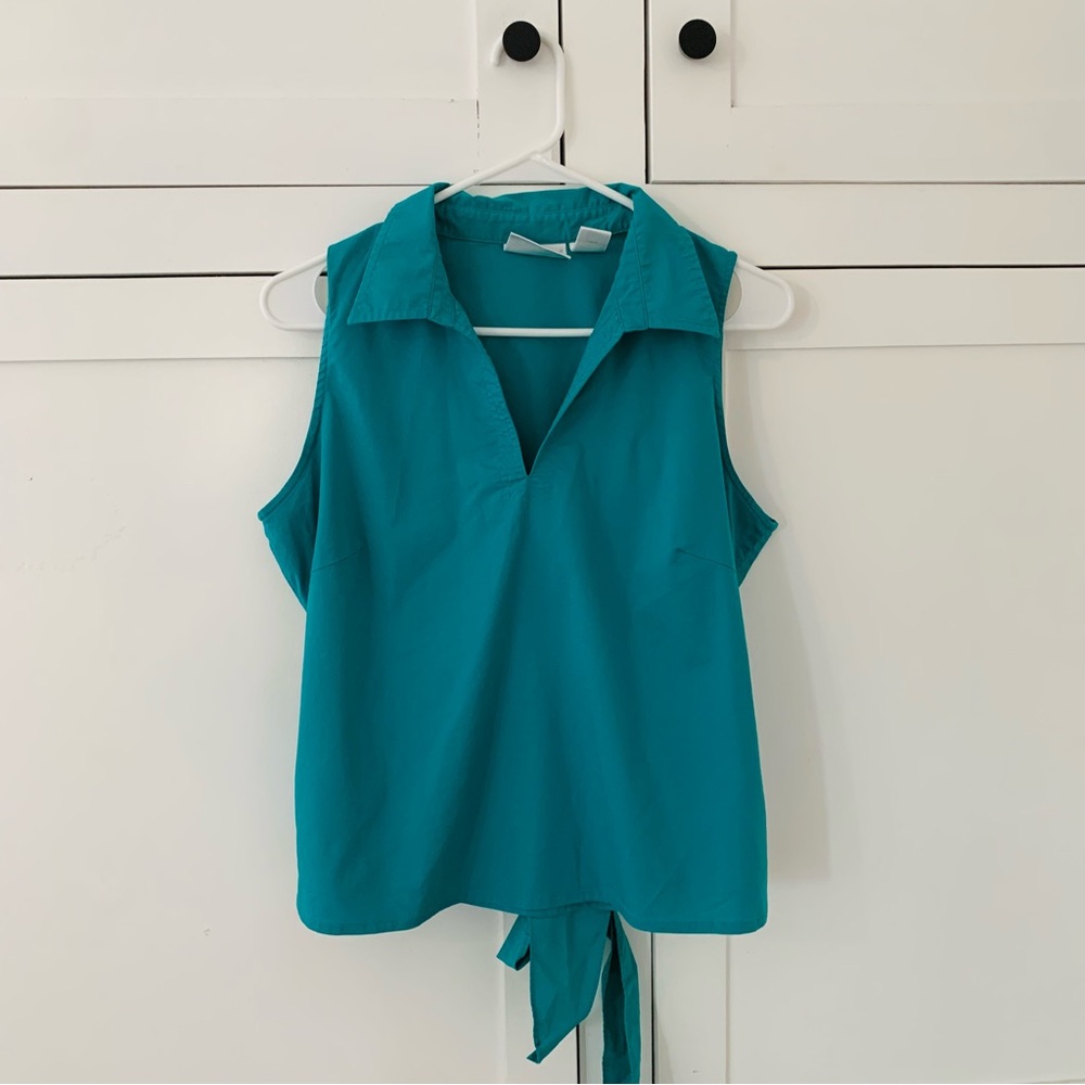 Vintage Worthington Petite Green V Neck Collar Sleeveless Tie Back Shirt Size 12